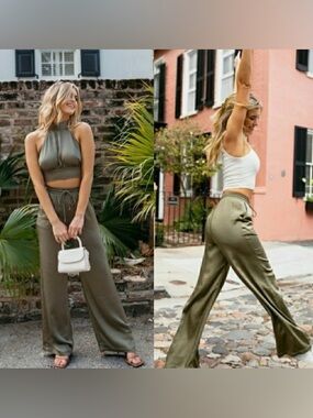 NWT Kittenish Destin Satin Pants XL Olive Green Wide Leg